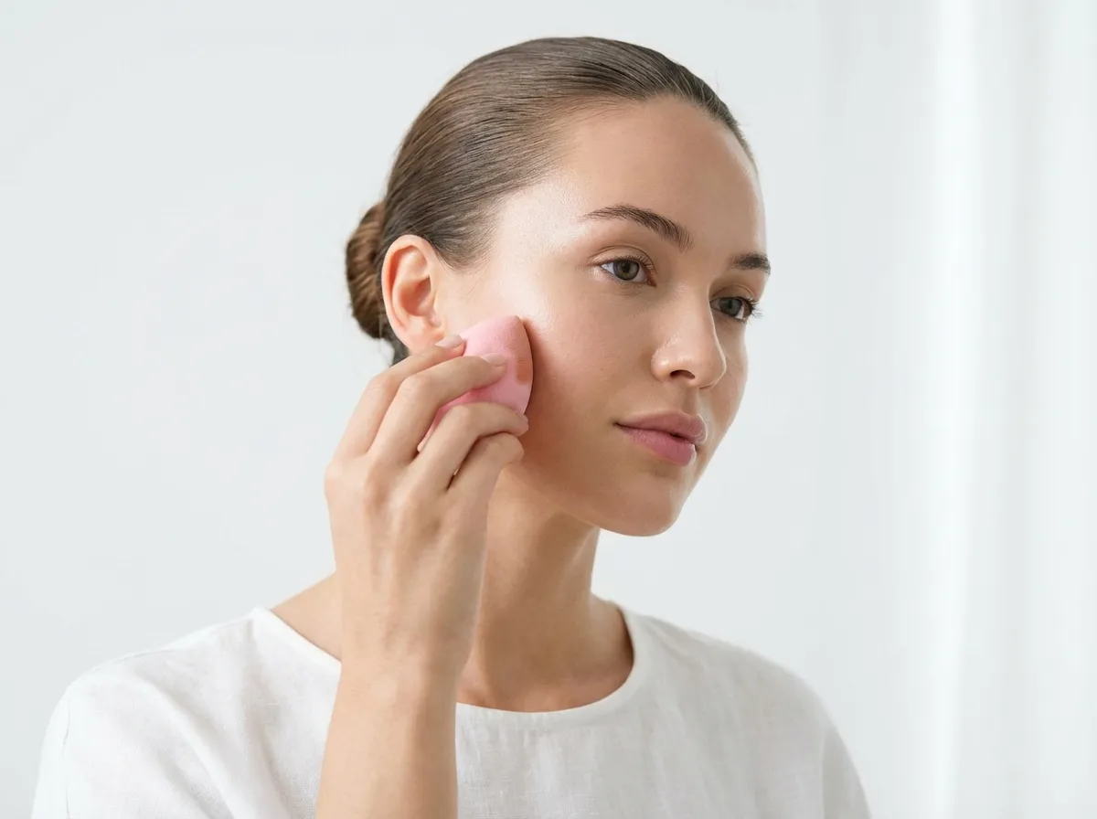 Femme appliquant son fond de teint avec une éponge humide pour un maquillage du teint naturel