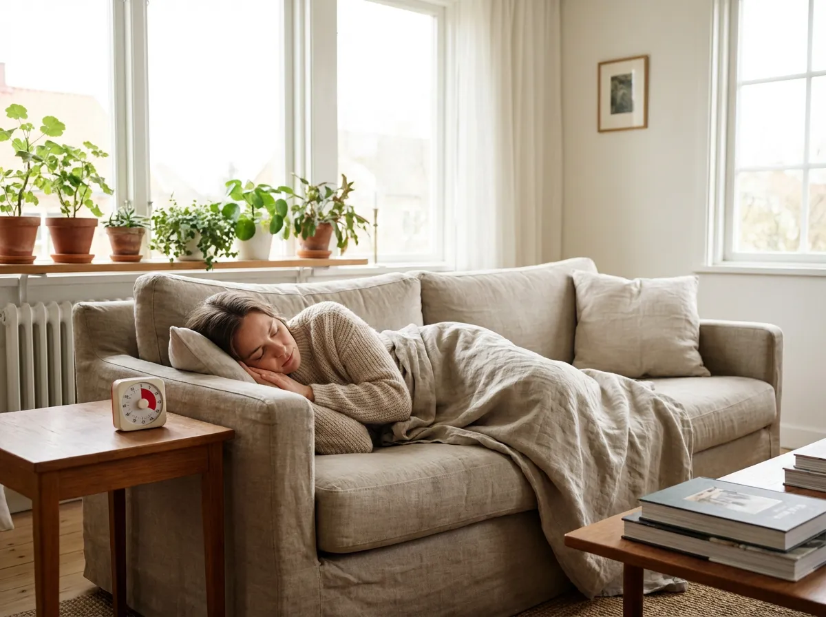 Femme faisant une sieste planifiée dans un salon lumineux, minuteur posé à côté d'elle