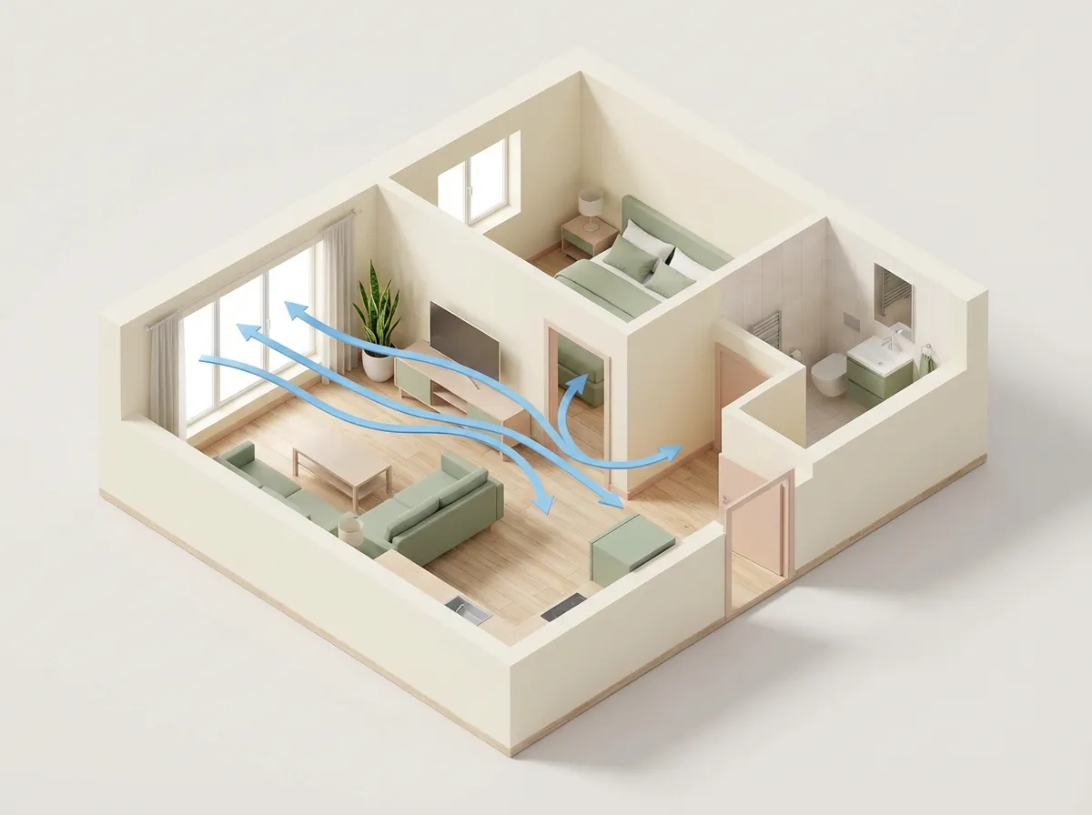 Schéma de circulation du parfum des plantes via les courants d'air intérieurs.