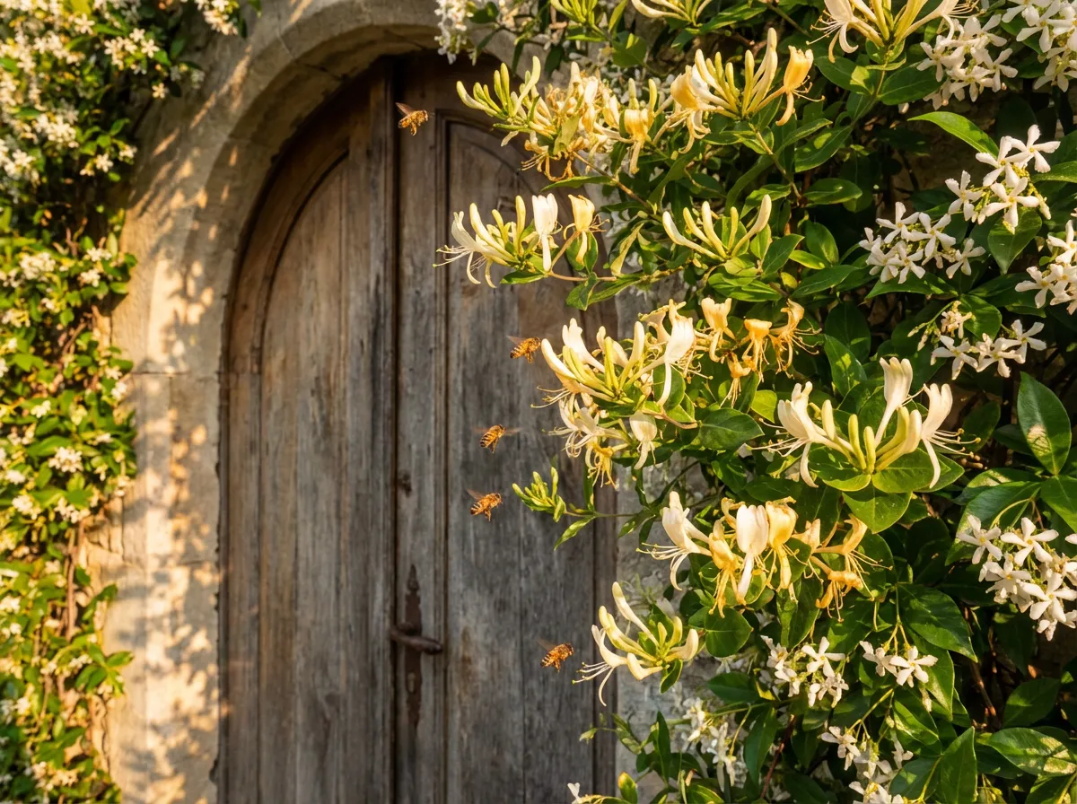 Chèvrefeuille grimpant et jasmin autour d'une porte d'entrée en bois.