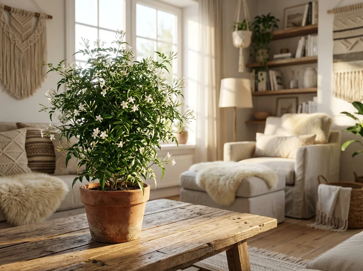 Jasmin blanc en pot dans un salon lumineux pour un parfum naturel d'intérieur.