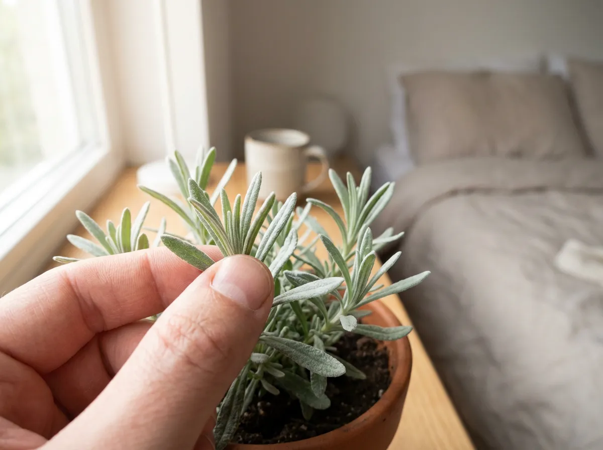 Main froissant de la lavande en pot sur une table de chevet pour libérer le linalol.