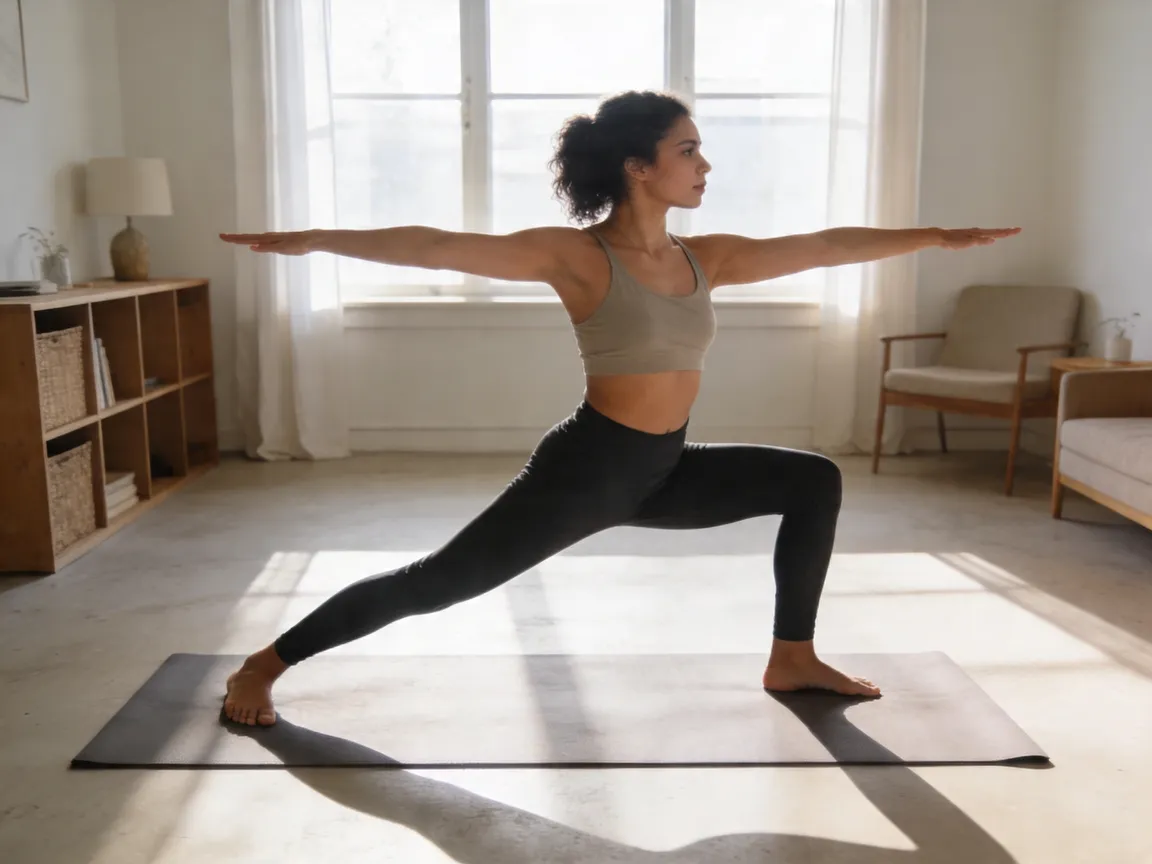 Femme en tenue de sport noire et beige effectuant la posture du Guerrier II (Virabhadrasana II) sur un tapis de yoga, vue de profil dans un intérieur lumineux.
