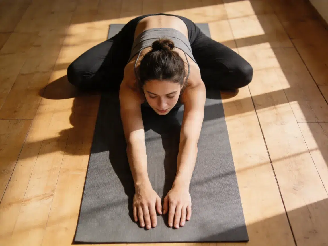 Femme pratiquant la posture du yoga de l'enfant étendue (Balasana) sur un tapis gris dans un salon ensoleillé avec parquet.