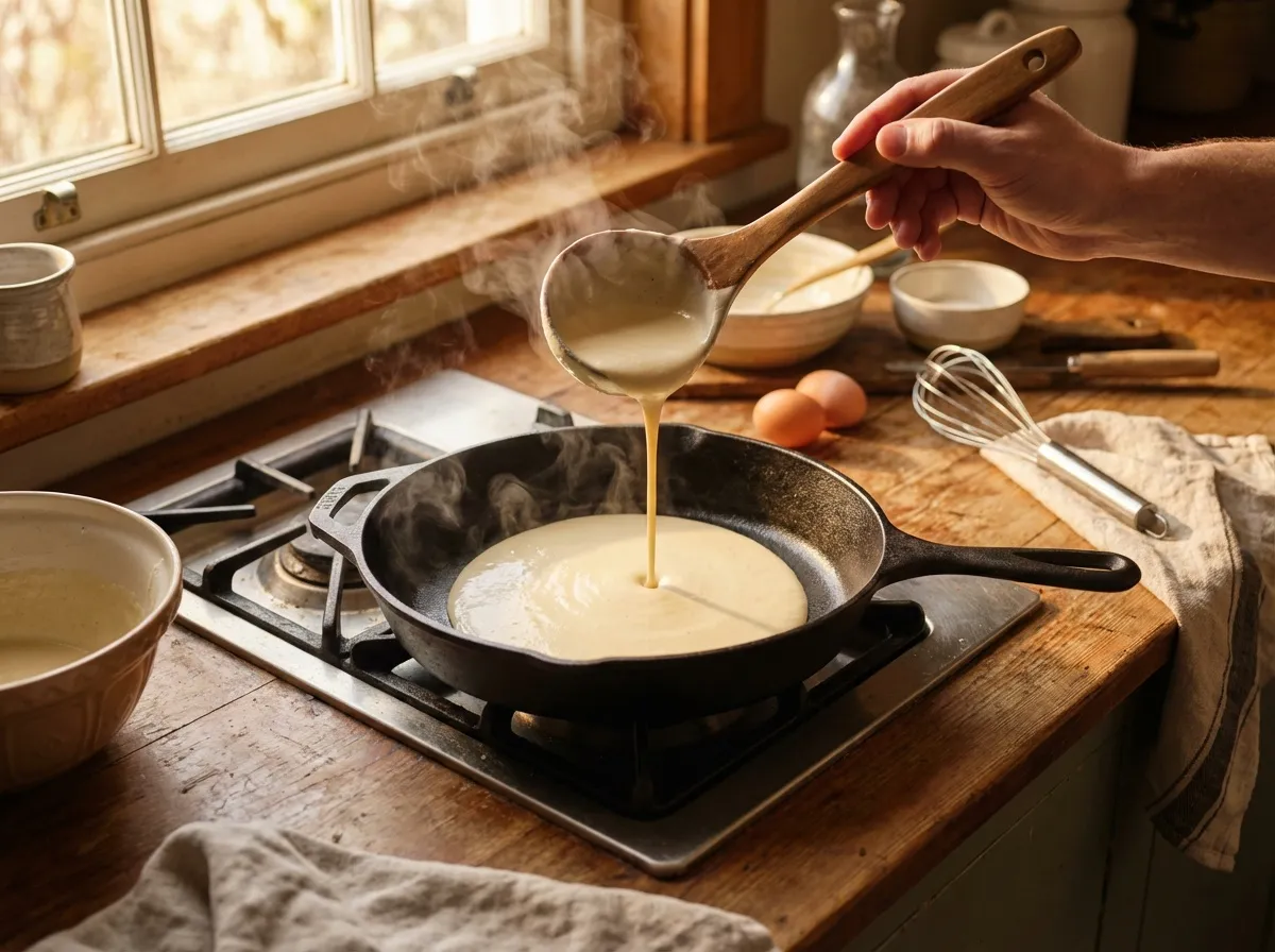 recette-pate-a-crepes (1) Pâte à crêpes versée dans une poêle chaude, recette sans grumeaux étape par étape