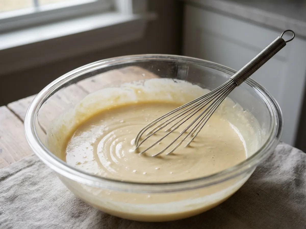 Pâte à crêpes lisse sans grumeaux dans un saladier, méthode correcte d'incorporation des ingrédients