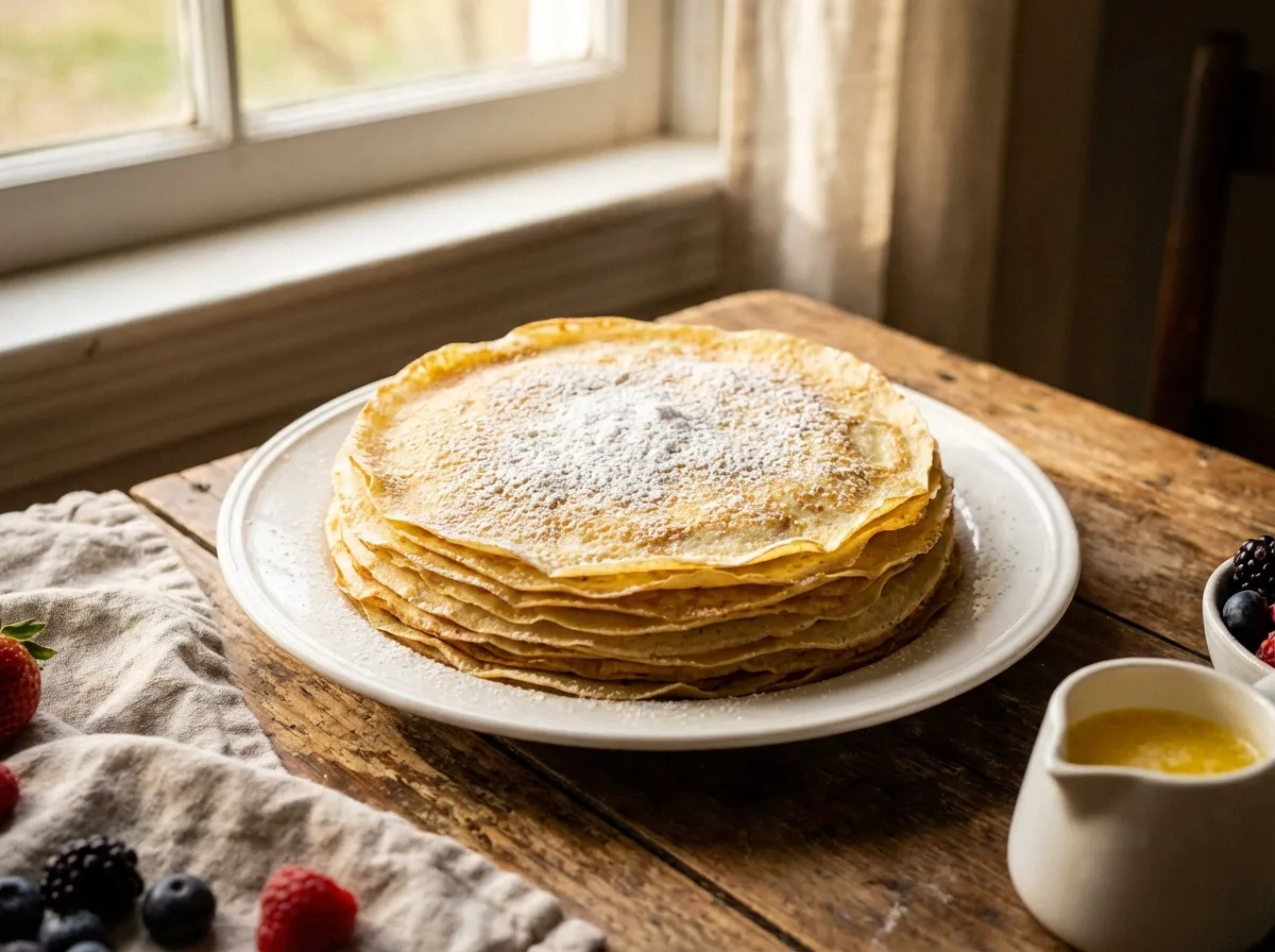 Pile de crêpes dorées et fines sur une assiette blanche, recette pâte à crêpes réussie