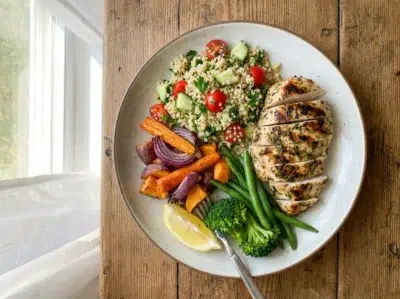 assiette composée avec poulet grillé légumes et quinoa dans un repas équilibré