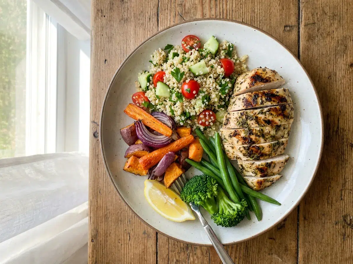 assiette composée avec poulet grillé légumes et quinoa dans un repas équilibré