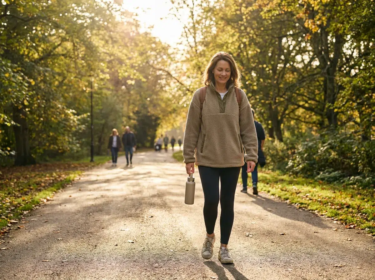 femme marchant dans un parc en tenue de sport pendant une activité physique douce