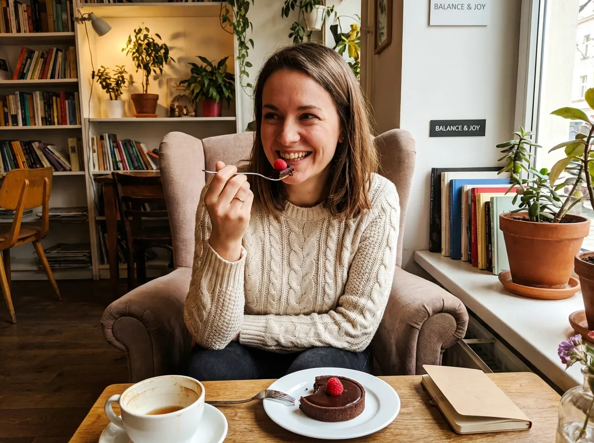 femme souriante mangeant un petit dessert au chocolat dans une ambiance détendue