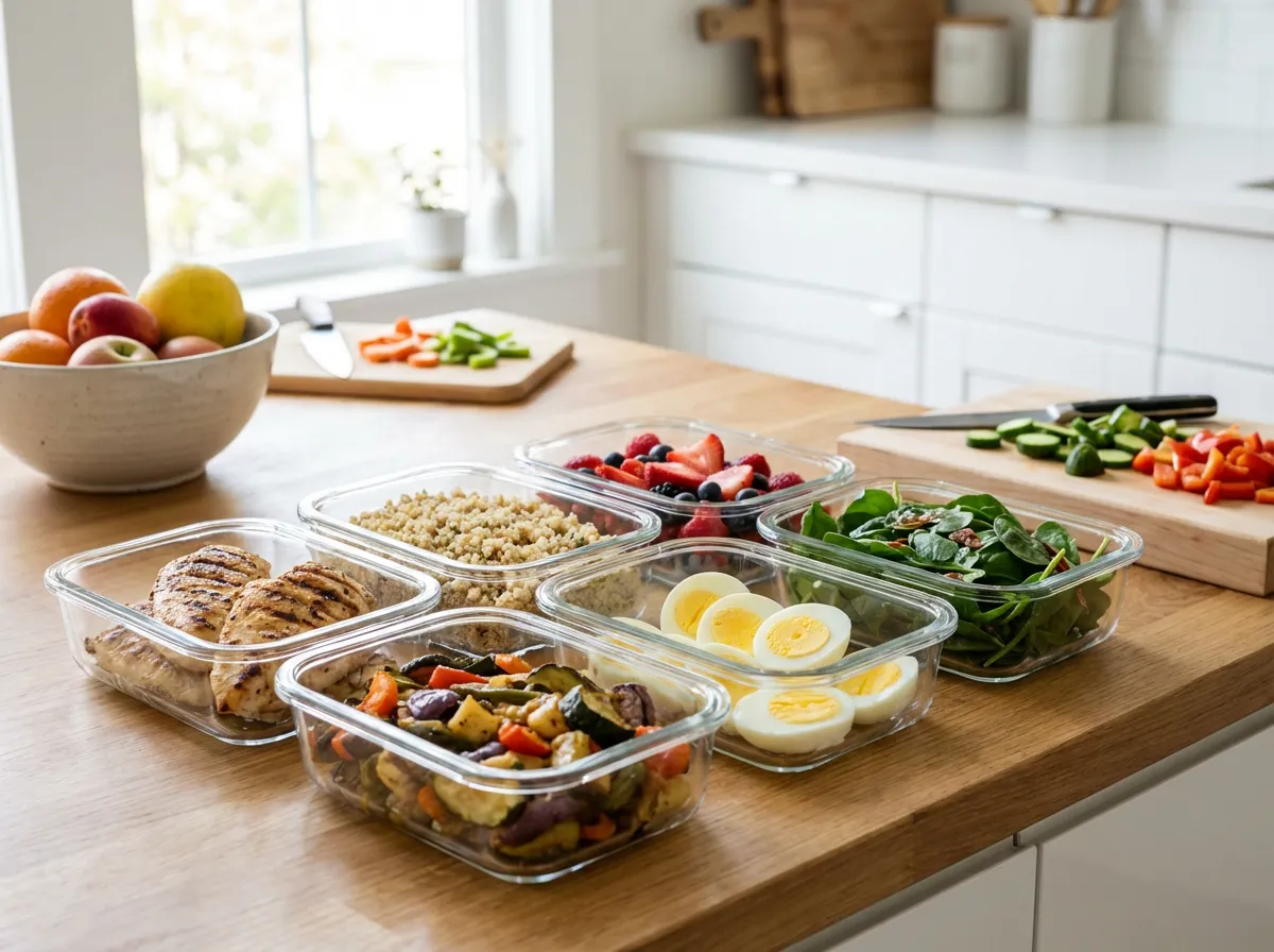 plusieurs boîtes de repas préparés avec légumes protéines et fruits alignées sur une table