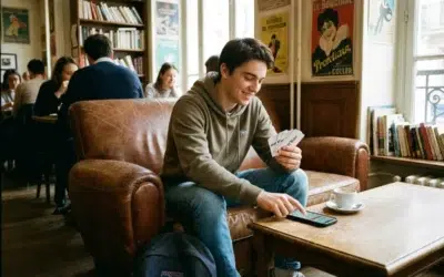Lycéen révisant les épreuves du bac avec les flashcards Kit'Bac de manière ludique.