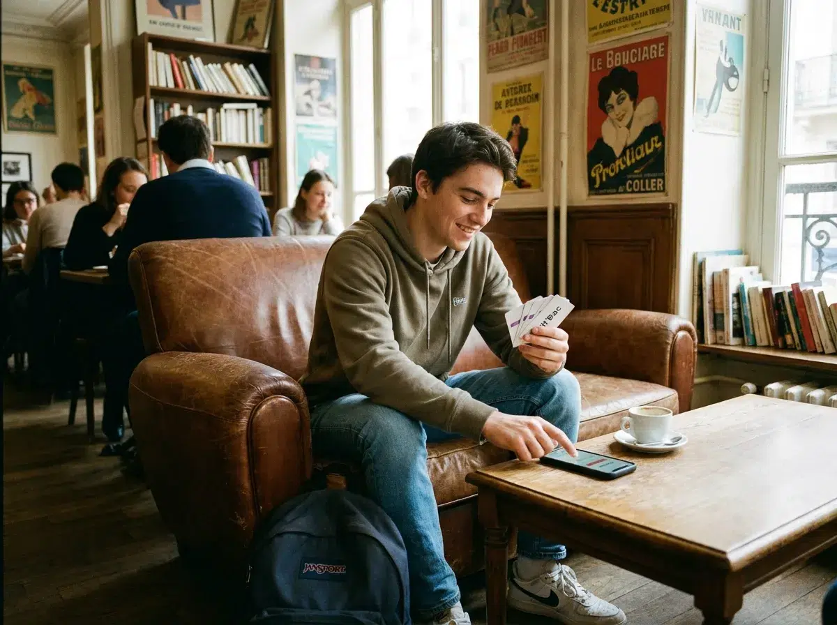 Lycéen révisant les épreuves du bac avec les flashcards Kit'Bac de manière ludique.