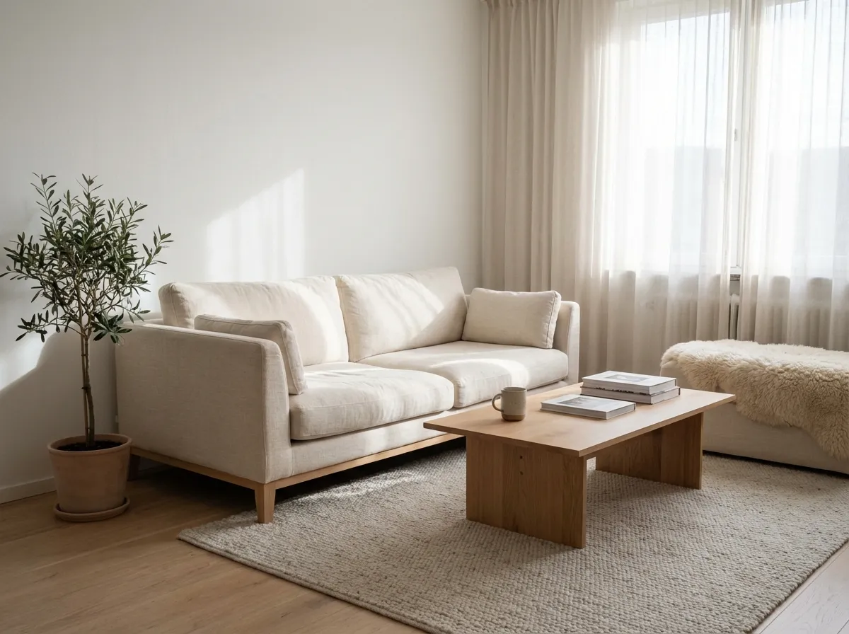 Salon scandinave épuré avec parquet en bois clair, canapé en lin crème et lumière naturelle douce
