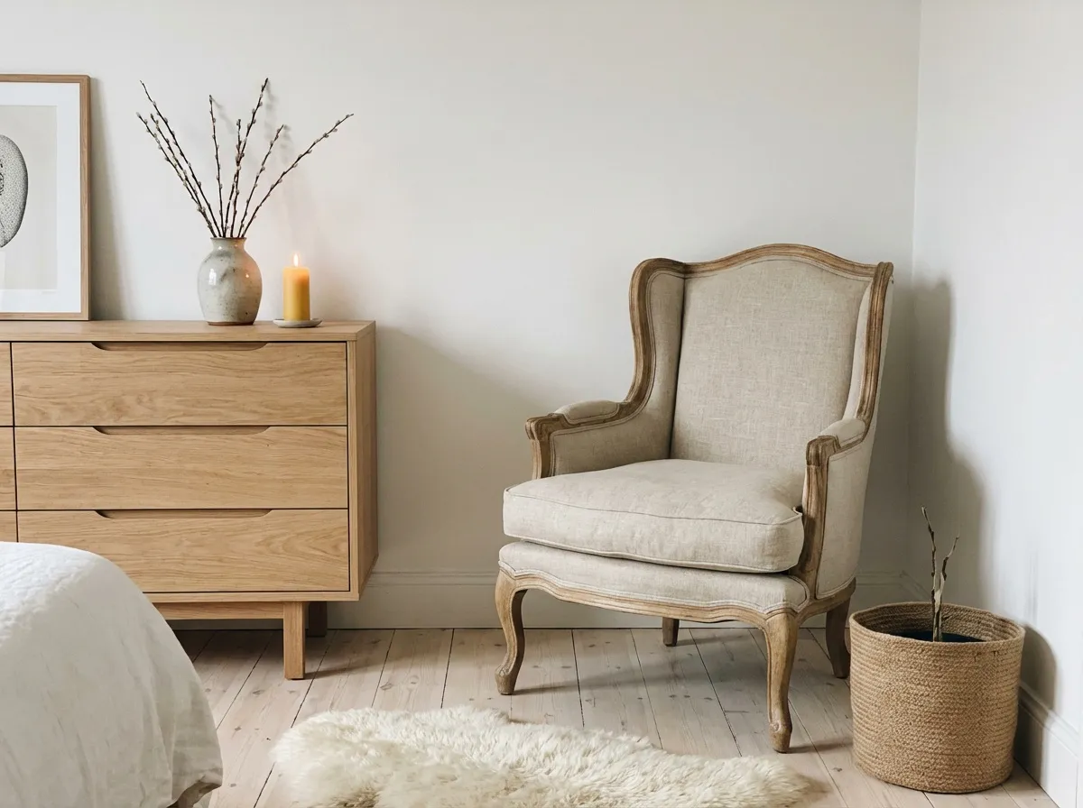 Coin chambre scandinave avec bergère en tissu naturel, commode en bois clair et accessoires céramique