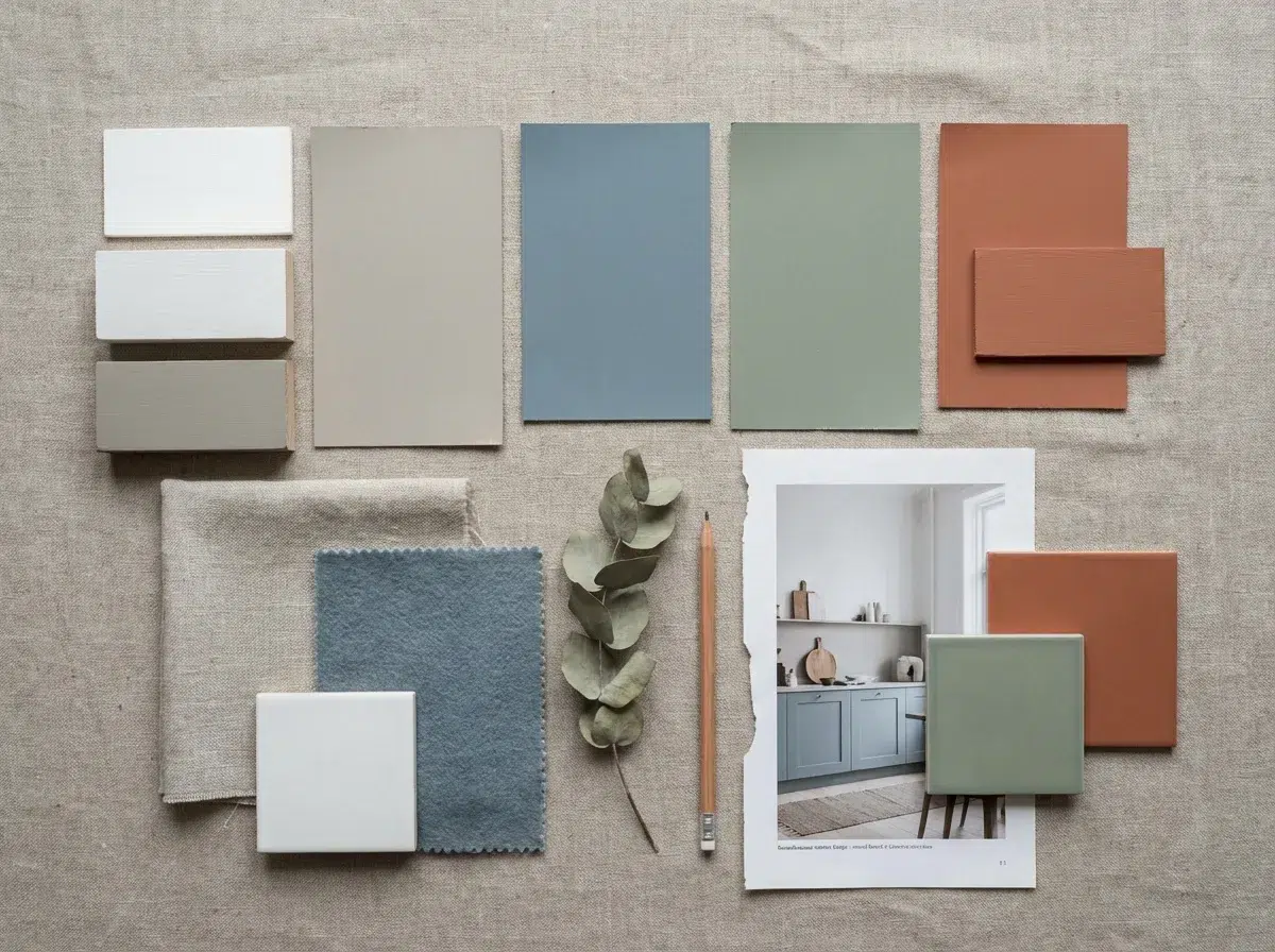 Palette de couleurs scandinaves — blanc cassé, gris perle, bleu poudré, vert sauge et terracotta doux