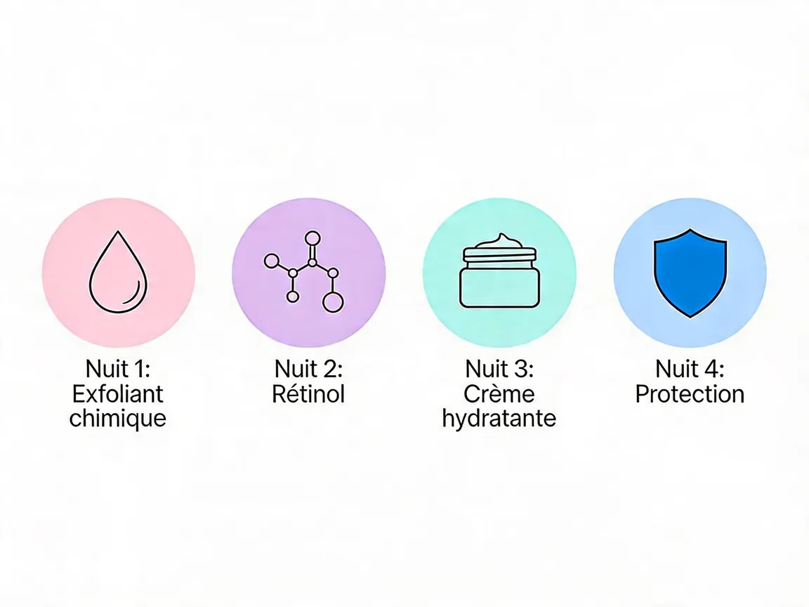 Schéma des 4 étapes du skin cycling : exfoliation, rétinol et deux nuits de récupération.
