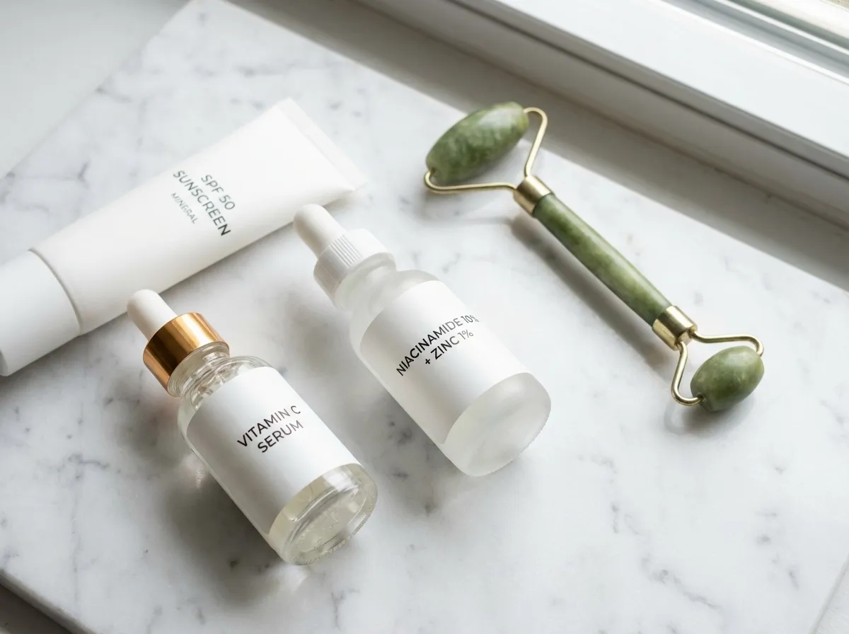 sélection de soins anti-taches visage : sérum vitamine C, niacinamide et crème SPF 50