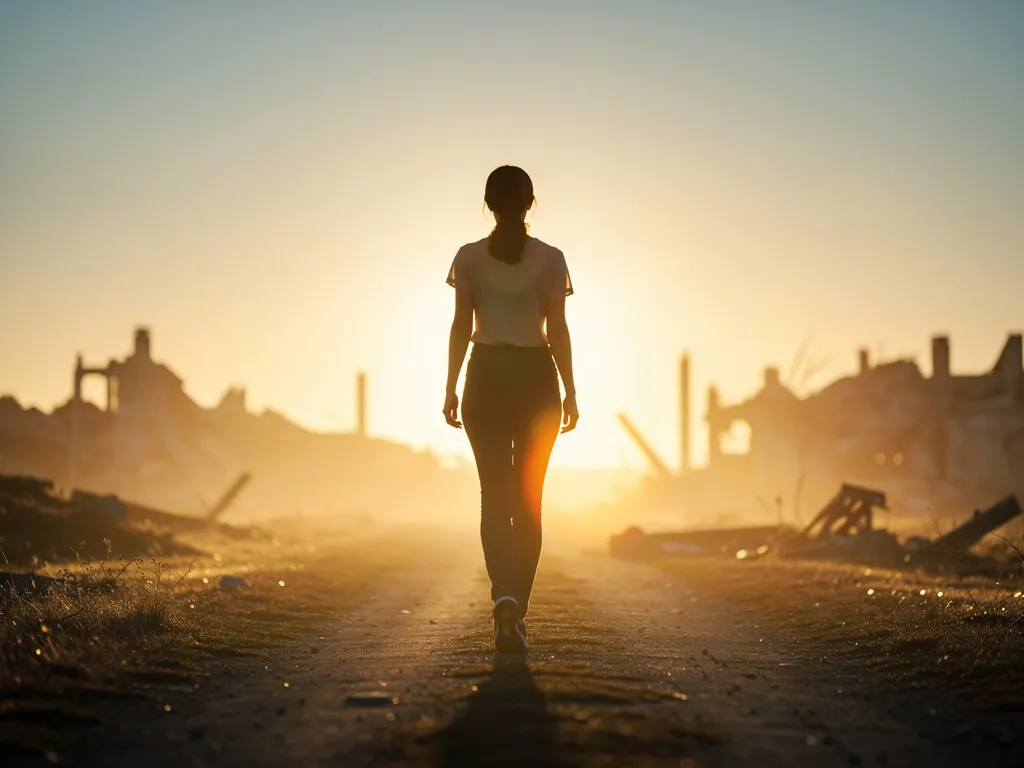 femme marchant seule vers la lumière ou horizon, posture confiante, ambiance symbolique