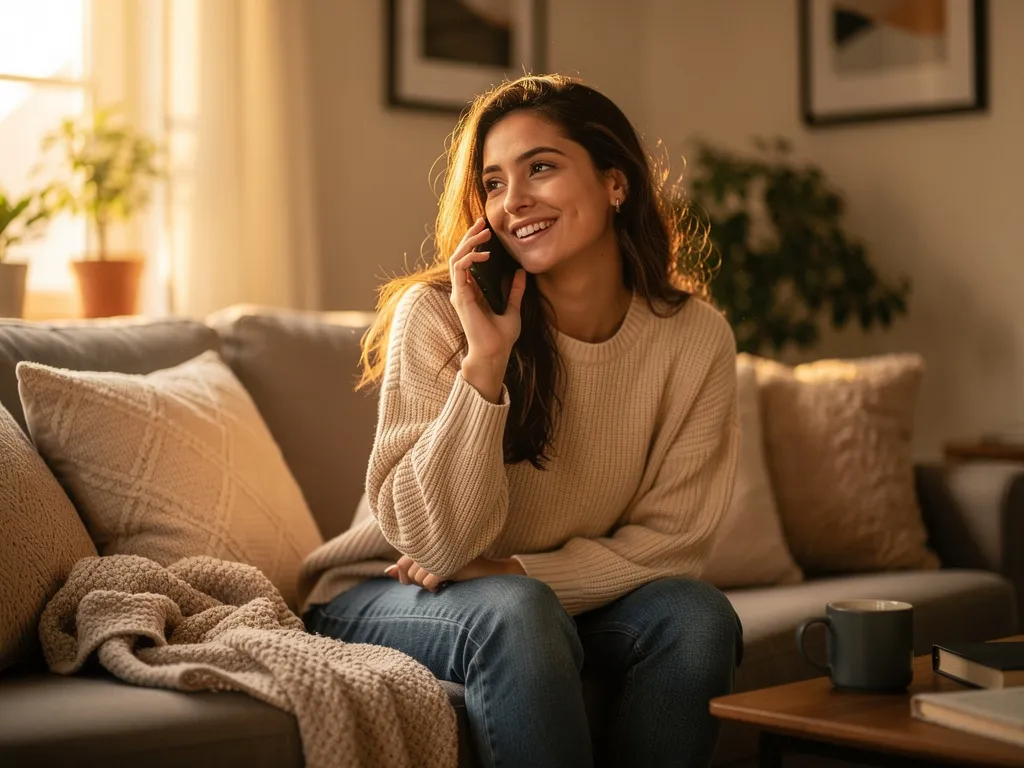 femme en train de téléphoner à un ami, sur le canapé salon, expression détendue