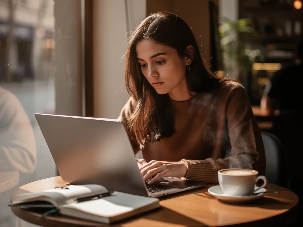 femme écrivant sur un ordinateur portable ou carnet dans un café ou chez elle