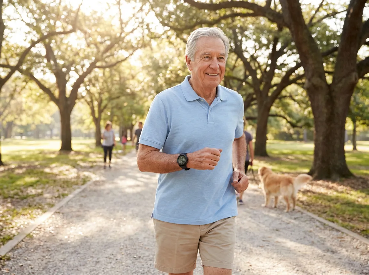 Senior actif en promenade dans un parc ensoleillé portant une montre GPS de téléassistance mobile