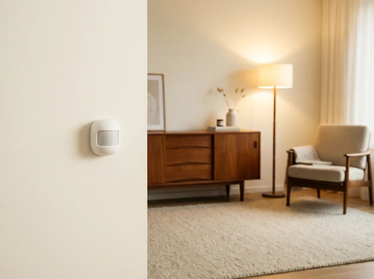 Capteur de mouvement sans fil de téléassistance intelligente installé discrètement sur un mur de salon