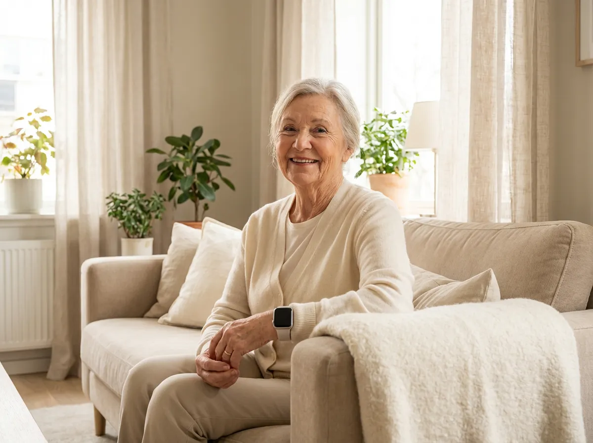 Femme âgée souriante portant une montre connectée de téléassistance dans son salon lumineux