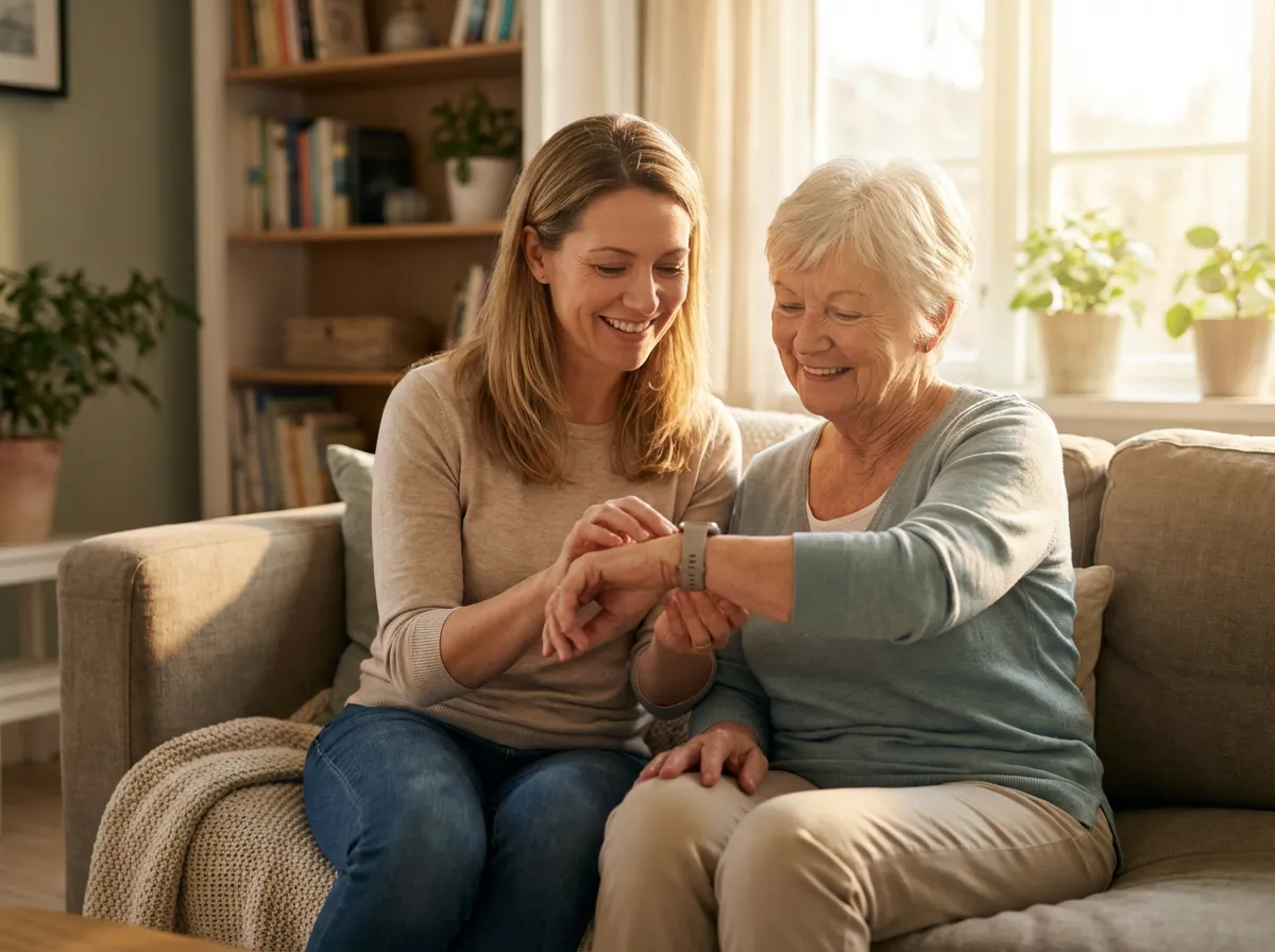 Fille adulte aidant sa mère âgée à configurer un dispositif de montre de téléassistance connecté sur un canapé