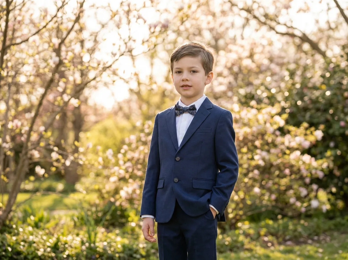 Garçon en costume bleu marine avec chemise blanche et nœud papillon pour une communion