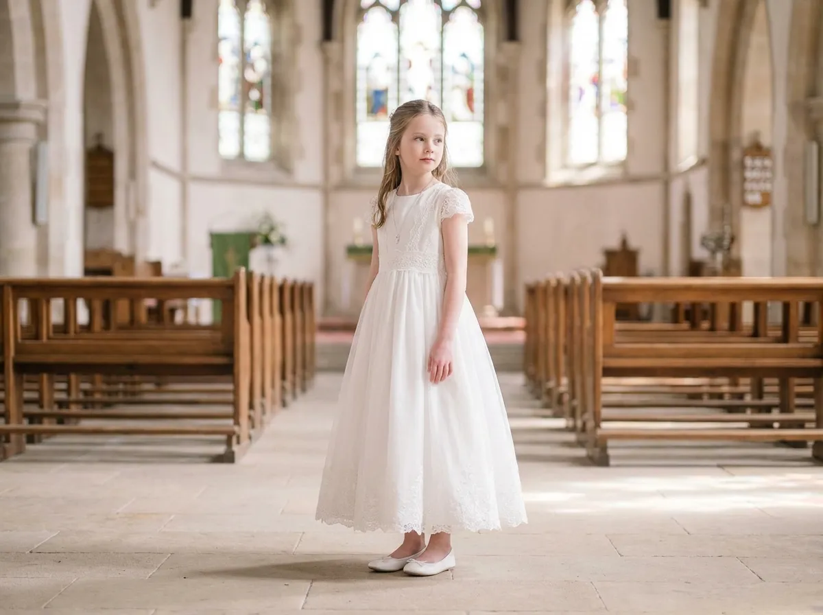 Petite fille en robe blanche de communion avec ballerines et boléro élégant à l'église