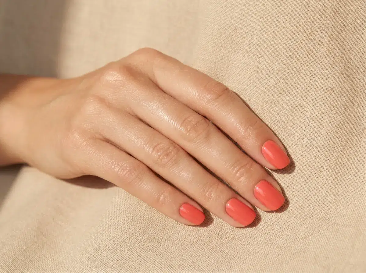 vernis semi permanent corail brillant sur ongles courts tenue 3 semaines sans décollement