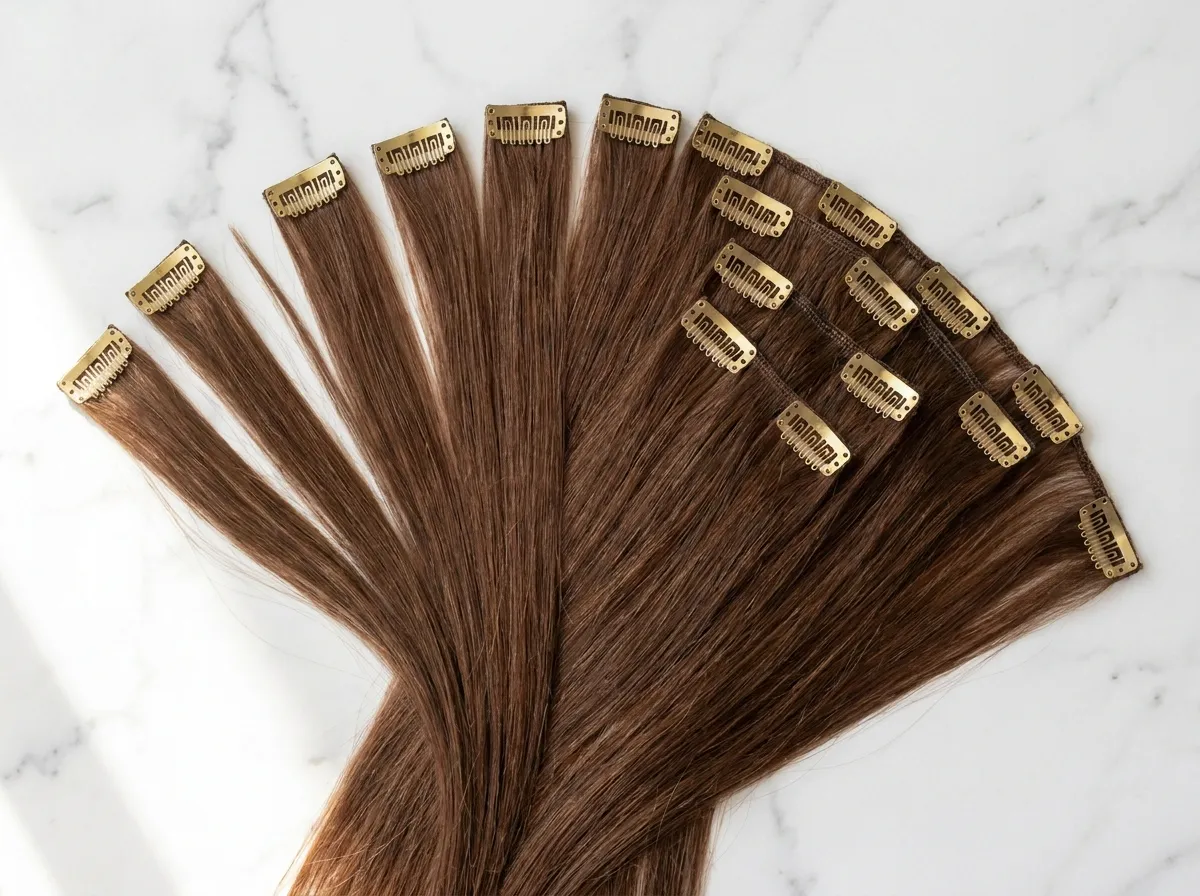 Kit d'extensions à clips en cheveux naturels disposé sur marbre blanc