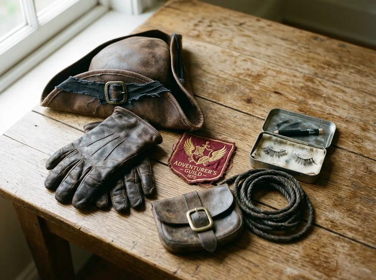 Accessoires de déguisement adulte original posés à plat : chapeau, gants, badge et éléments de maquillage