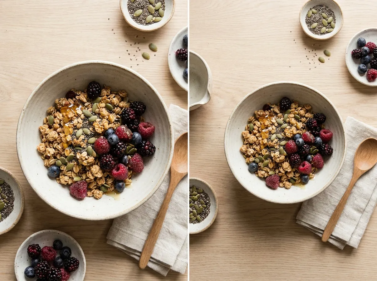 Bol de petit-déjeuner équilibré avec fruits rouges et graines vu de dessus — alimentation saine pour soutenir l'équilibre hormonal féminin