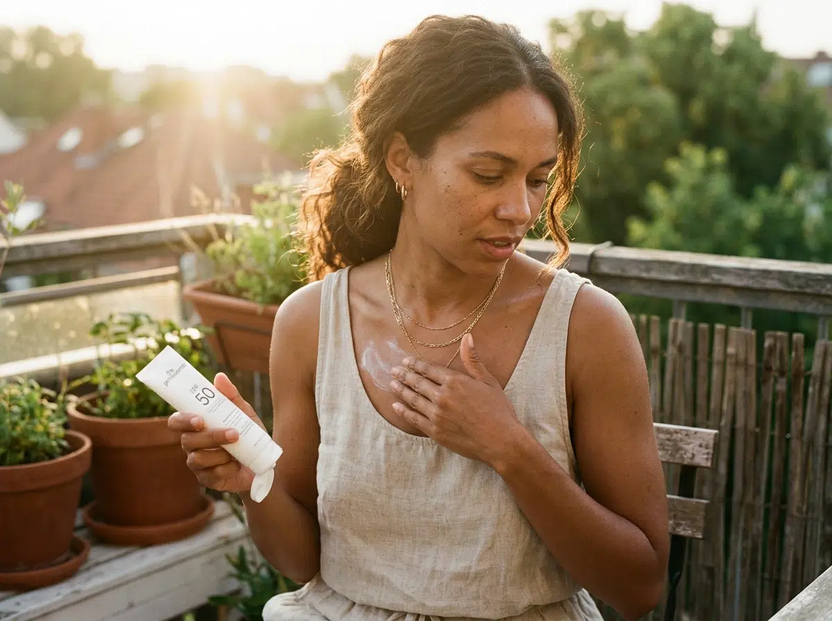 Femme appliquant une crème solaire SPF 50 sur le décolleté avant une exposition au soleil de printemps
