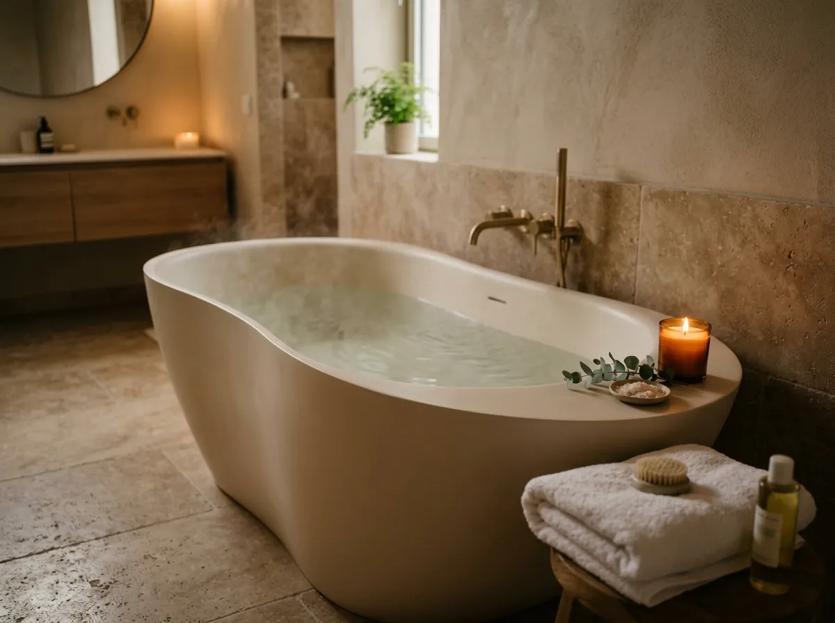 baignoire ergonomique bain matinal ultra moderne appaisant bougie et linge chaleureux