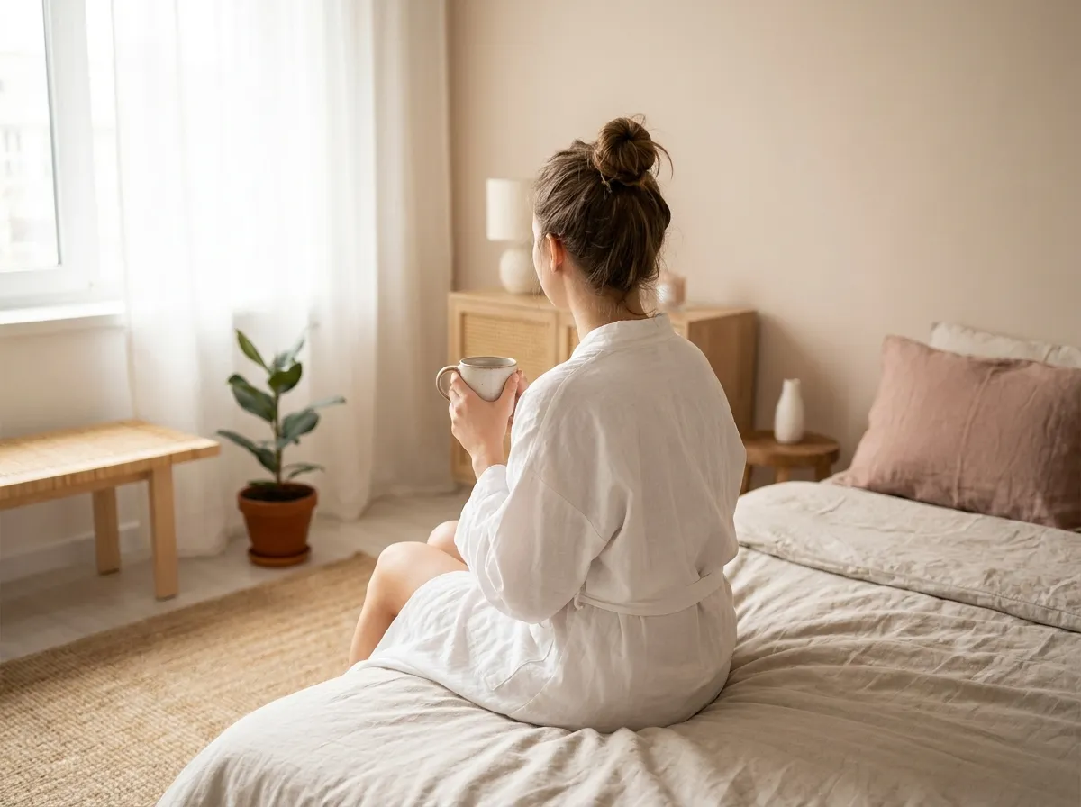 bien-etre-intime-feminin-parole-liberee (1) Femme en robe blanche assise sur un lit au lever du jour, posture apaisée, symbolisant la connexion à soi et le bien-être intime féminin