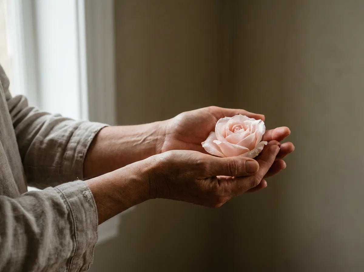 Mains féminines tenant une fleur en éclosion sur fond doux — métaphore du plaisir féminin assumé et du bien-être retrouvé