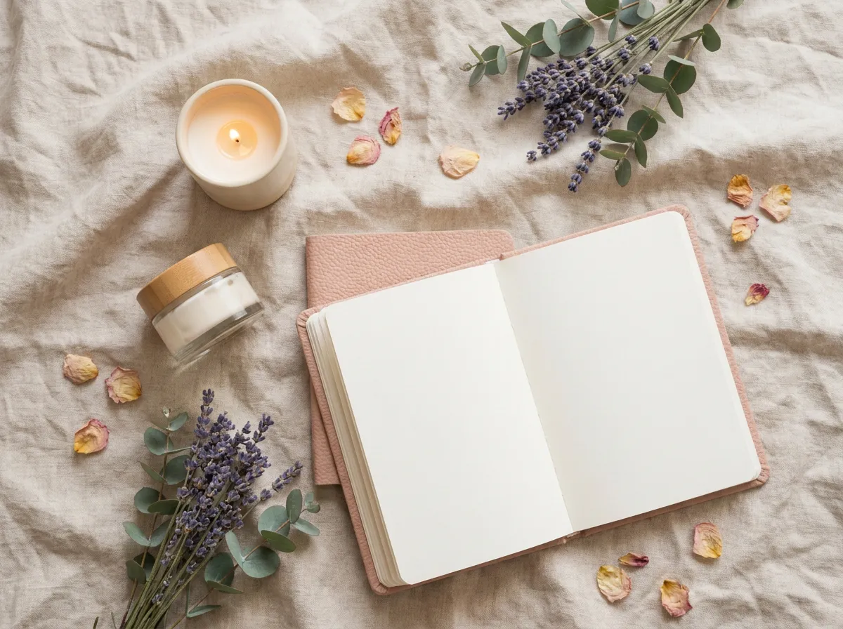 Flatlay de routine bien-être féminin avec fleurs séchées, bougie et carnet sur surface en lin — self-care intime au quotidien