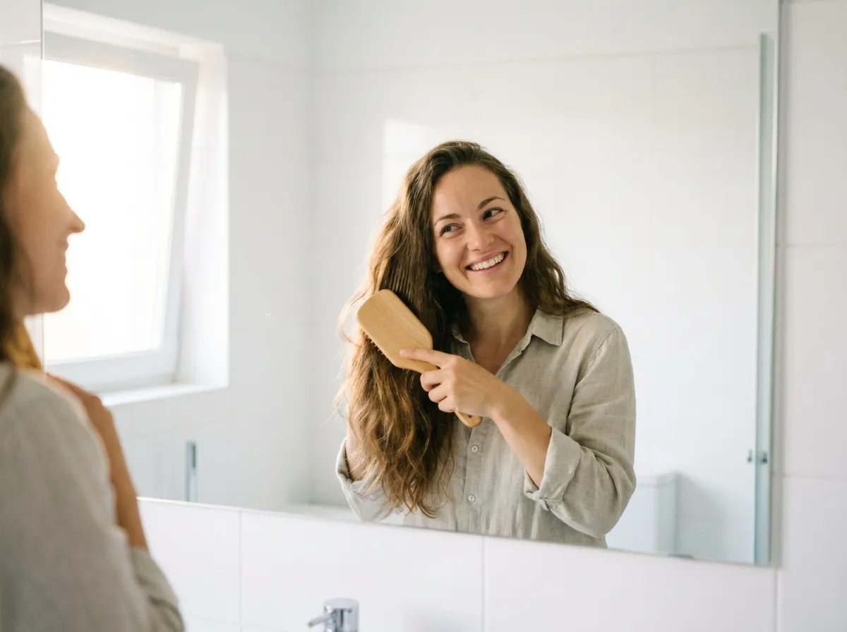 Femme brossant ses extensions de cheveux devant un miroir de salle de bain