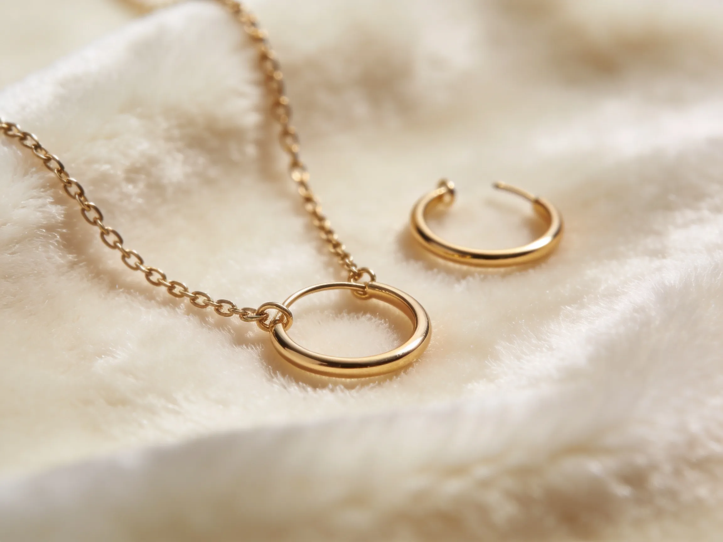 Bijoux fins minimalistes dorés — collier chaîne et boucles d'oreilles créoles, idée cadeau fête des mères élégant