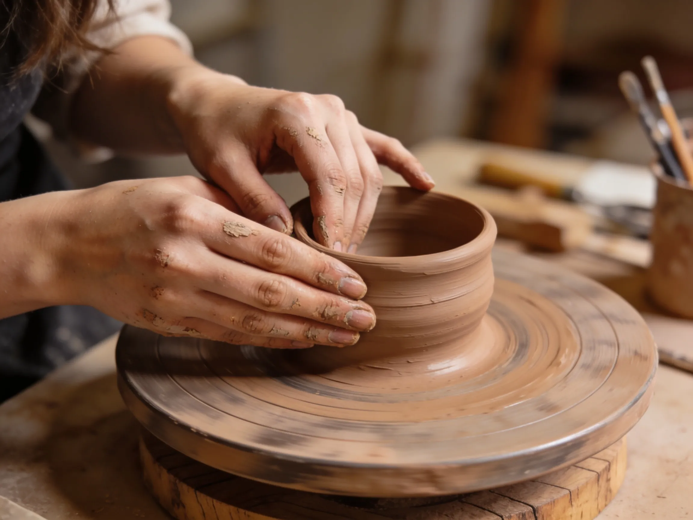 Mains de femme façonnant de l'argile sur un tour de poterie, idée cadeau expérience atelier créatif fête des mères