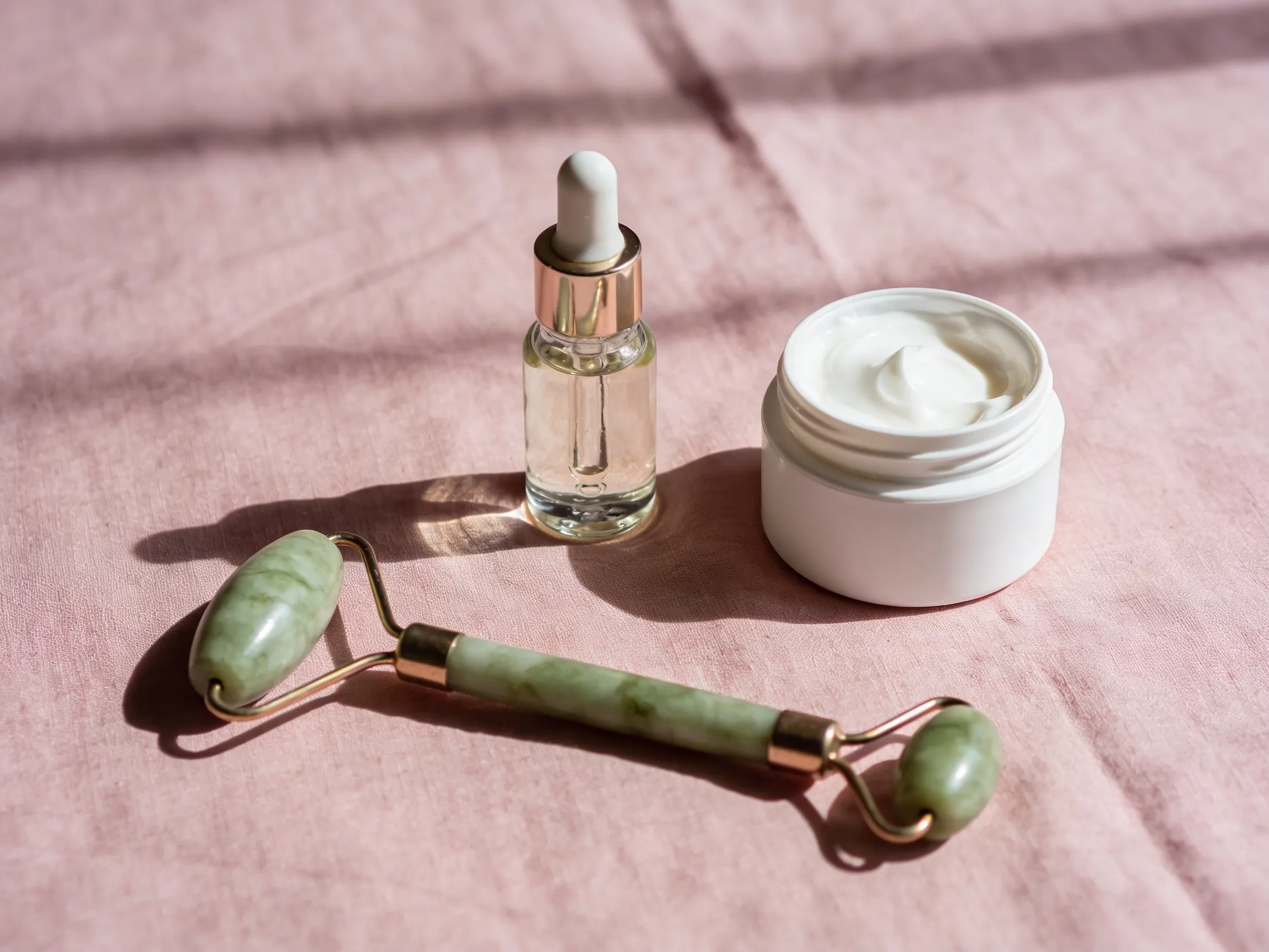 Produits de soin visage clean beauty — sérum, rouleau de jade et crème hydratante, idée cadeau fête des mères soin de peau