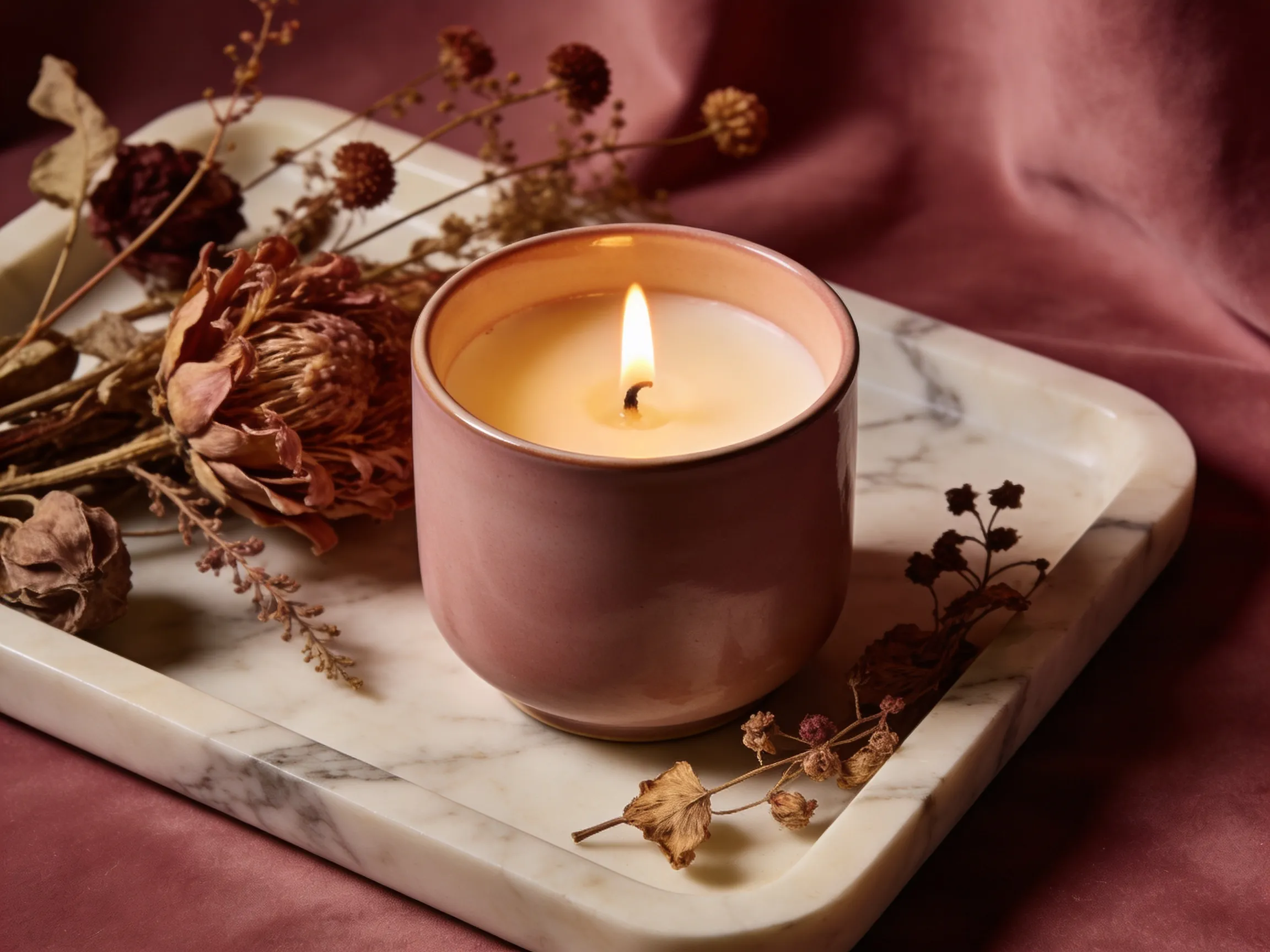 Bougie de créateur en céramique mate allumée sur plateau marbre, idée cadeau fête des mères ambiance cosy