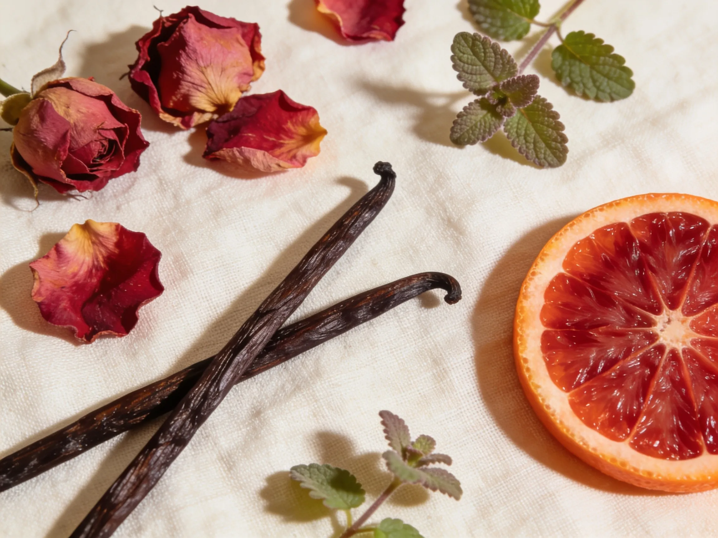 Ingrédients naturels de parfumerie : pétales de rose, gousse de vanille, orange sanguine et patchouli sur tissu écru.