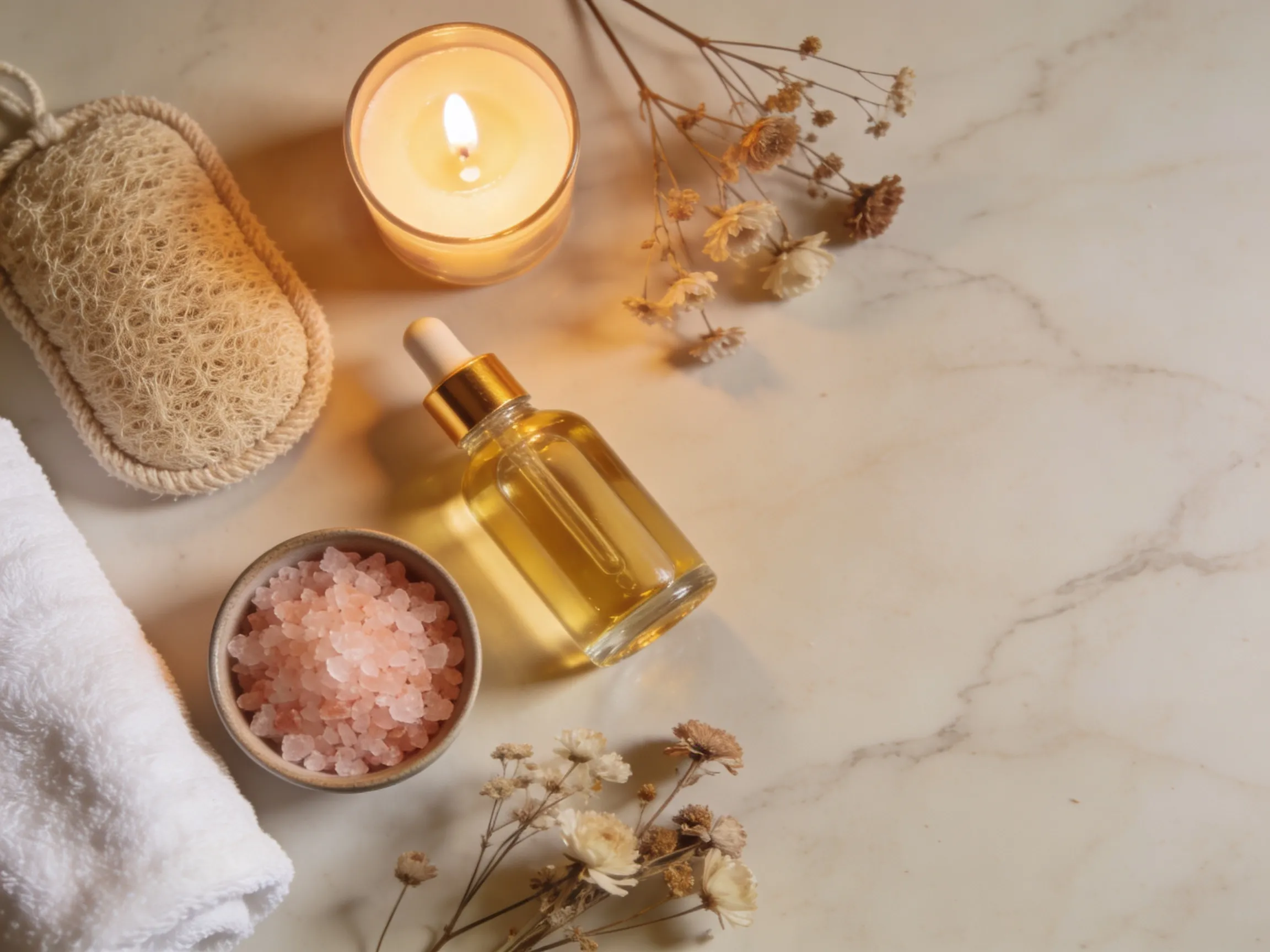 Kit spa maison cadeau : huile corps, sel de bain, gant de soin et fleurs séchées sur marbre crème, ambiance bien-être