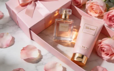 cadeaux-fete-des-meres-moins-50-euros (7) Coffret cadeau fête des mères avec eau de parfum et gel douche sur fond rose, ambiance beauté printanière