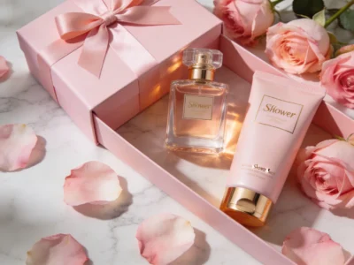 Coffret cadeau fête des mères avec eau de parfum et gel douche sur fond rose, ambiance beauté printanière
